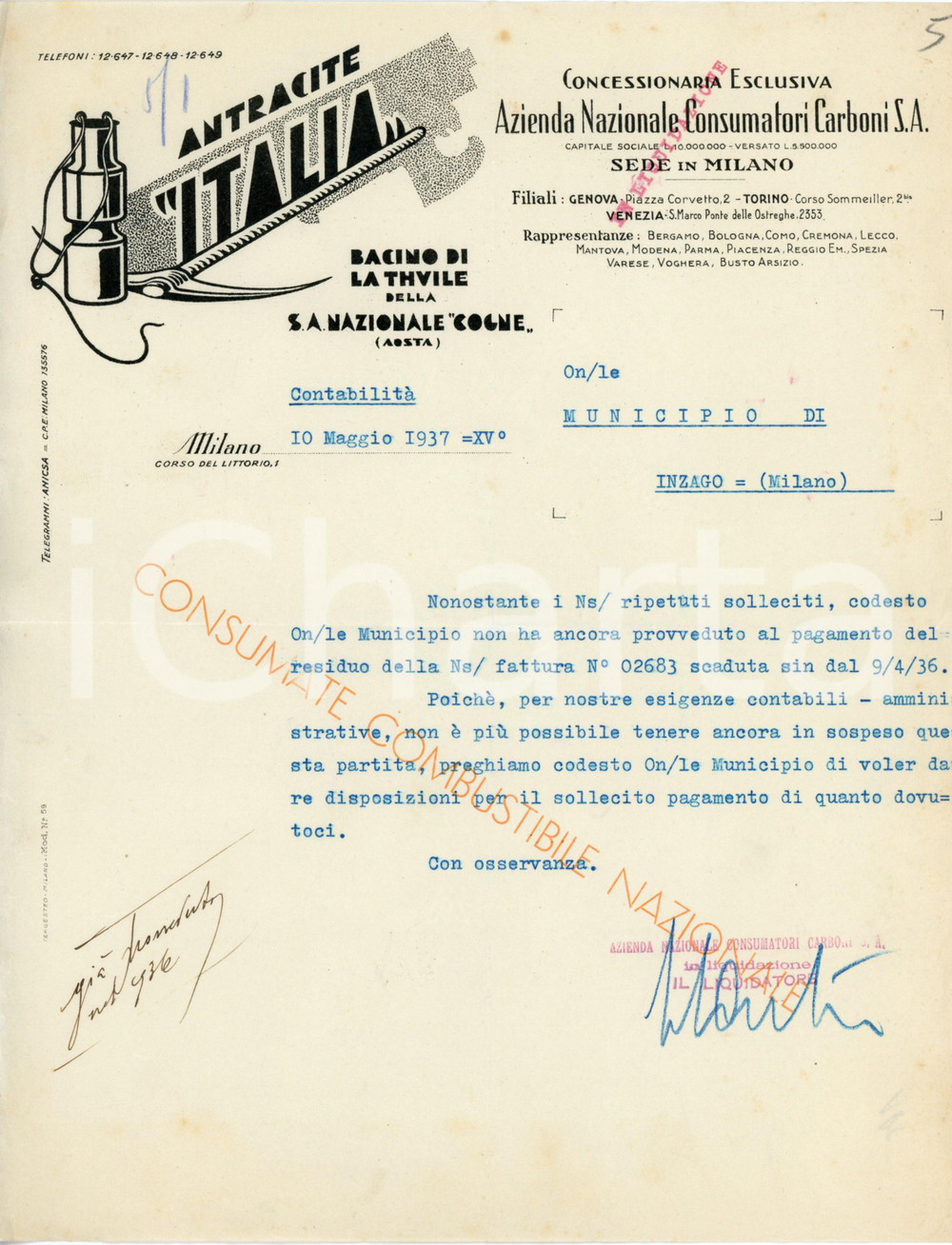 1937 MILANO - Azienda Nazionale Consumatori Carboni S.A - Lettera commerciale Lettera commerciale d'epoca, dattiloscritta, su carta intestata illustrata.Milano - corso del Littorio, 1CONDIZIONI: F (piegature d'epoca)PAGINE: 1    originale e autentica 1