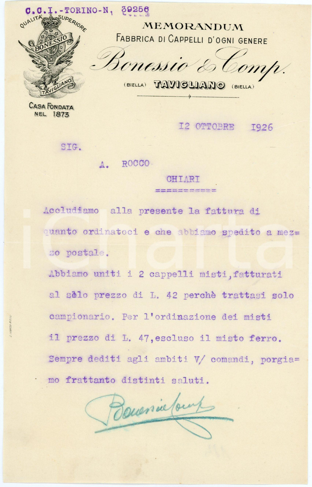 1926 TAVIGLIANO (BI) - BONESSIO & COMP. - Fabbrica di cappelli - Memorandum Memorandum d'epoca, dattiloscritto, su carta intestata illustrata.CONDIZIONI: F (piegature d'epoca)PAGINE: 1    originale e autentica 1