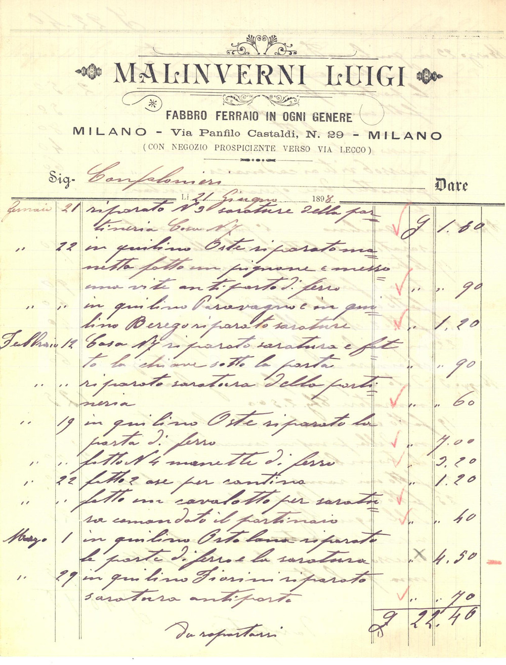 1898 MILANO - Luigi MALINVERNI - Fabbro ferraio - Fattura Fattura commerciale d'epoca, manoscritta, su carta intestata.Milano - via Panfilo Castaldi n.29Presente marca da bollo.CONDIZIONI: F (piegature d'epoca)PAGINE: 4 (3 facciate scritte)    originale e autentica 1