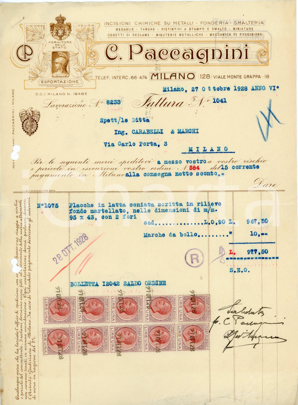 1928 MILANO - C. PACCAGNINI viale Monte Grappa 18 - Fonderia, smalteria *Fattura Fattura commerciale d'epoca, dattiloscritta, su carta intestata illustrata.CONDIZIONI: VP (piegature d'epoca, piccolo strappo al lato inferiore, fori da classificatore al lato sinistro, piccoli fori all'angolo superiore sinistro)PAGINE: 1    originale e autentica 1