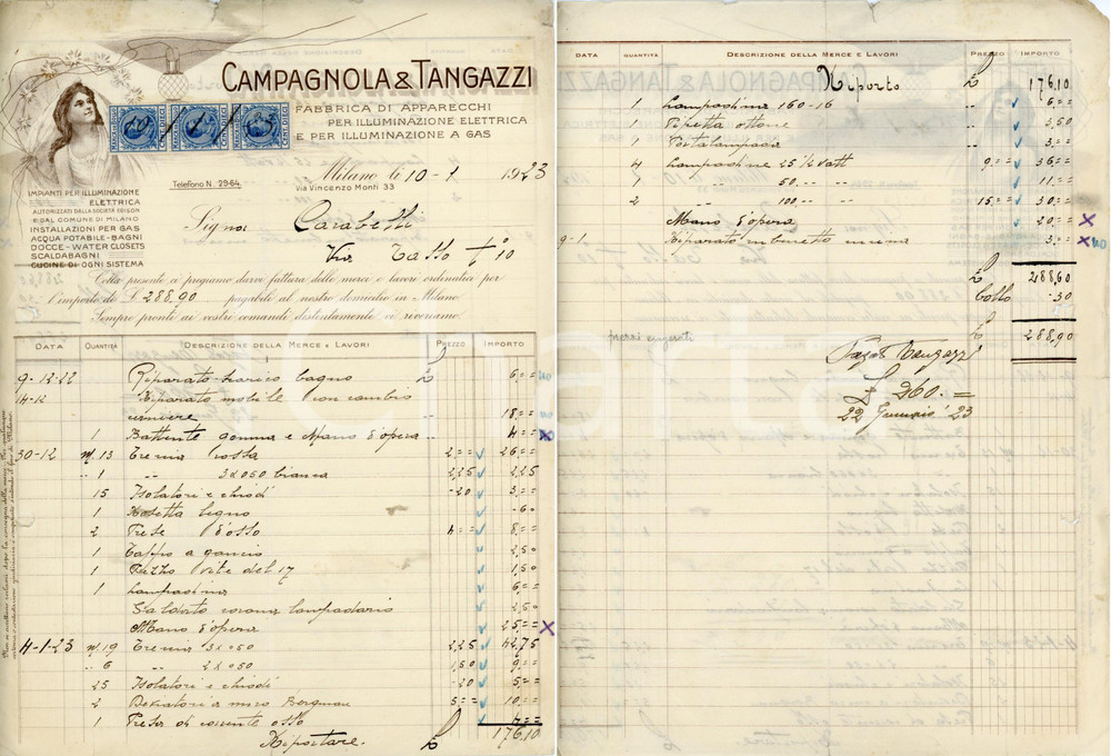 1923 MILANO - CAMPAGNOLA & TANGAZZI Apparecchi illuminazione - Fattura Fattura commerciale d'epoca, manoscritta, su pregevole carta intestata.Marche da bollo.Milano - via Vincenzo Monti 33CONDIZIONI: P (piegature d'epoca e fori da classificatore al lato sinistro; piccole mancanze marginali)PAGINE: 1 (2 facciate)    originale e autentica 1