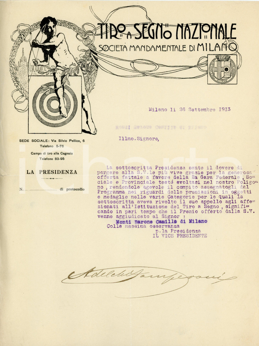1913 MILANO - Tiro a Segno Nazionale - Lettera su carta intestata ILLUSTRATA Lettera di ringraziamento, manoscritta, su pregevole carta intestata.Milano - via Silvio Pellico 6CONDIZIONI: F (piegature d'epoca e minimo strappo marginale)PAGINE: 1    originale e autentica 1