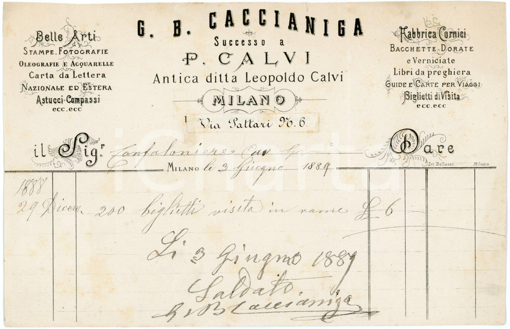 1889 MILANO - G. B. CACCIANIGA Belle Arti e Stampe - Fattura su carta intestata Fattura commerciale d'epoca, manoscritta, su carta intestata.Milano - via Pattari 6CONDIZIONI: F (piegature d'epoca e lievi macchie)PAGINE: 1    originale e autentica 1