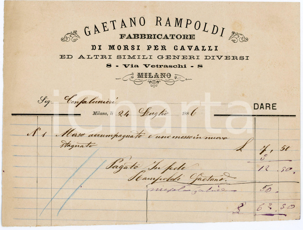1886 MILANO - Gaetano RAMPOLDI Fabbricatore morsi per cavalli - Fattura Fattura commerciale d'epoca, manoscritta, su carta intestata.Milano - via Vetraschi 8CONDIZIONI: F (piegature d'epoca).PAGINE: 1    originale e autentica 1