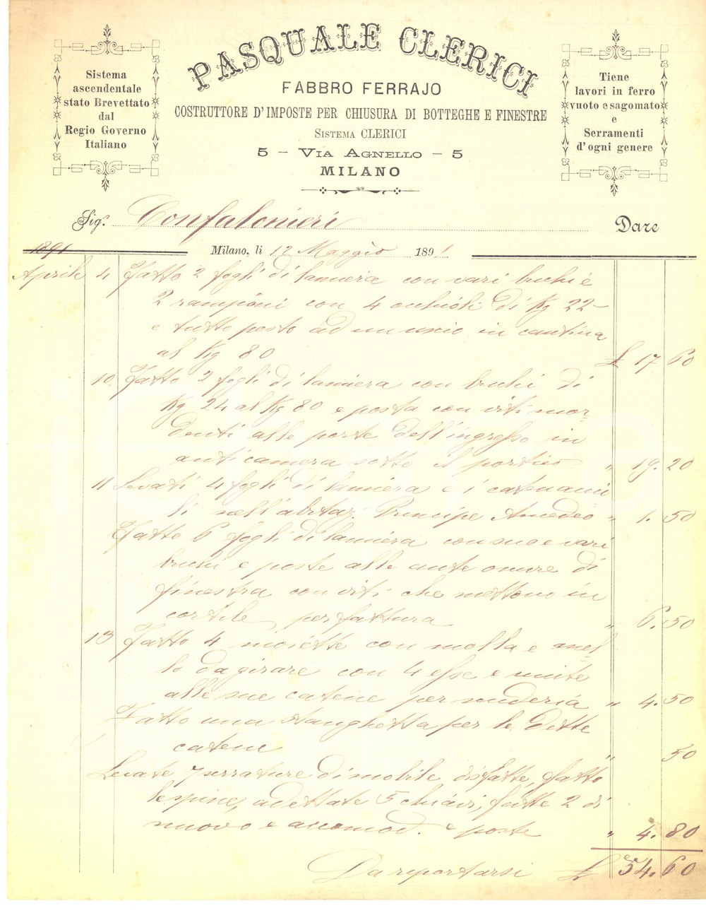 1891 MILANO - Pasquale CLERICI Fabbro ferraio - Fattura su carta intestata Fattura commerciale d'epoca, manoscritta, su carta intestata.Marca da bollo.Milano - via Agnello 5CONDIZIONI: F (piegature d'epoca; bruniture marginali).PAGINE: 4 (3 scritte)    originale e autentica 1
