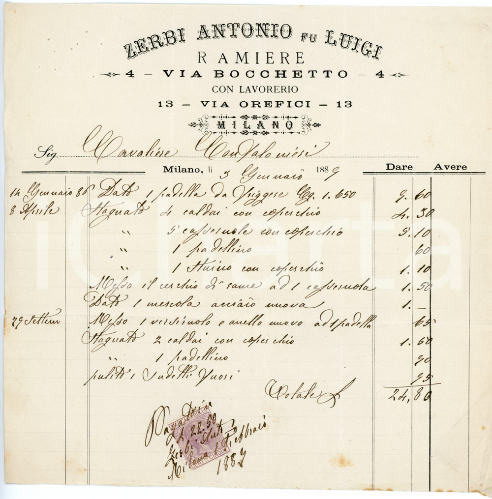 1887 MILANO - ZERBI Antonio fu Luigi - Ramiere - Fattura su carta intestata Fattura commerciale d'epoca, manoscritta, su carta intestata.Marca da bollo.Milano - via Bocchetto 4CONDIZIONI: F (piegature d'epoca; piccoli fiori all'angolo superiore sinistro; piccole macchie).PAGINE: 1    originale e autentica 1