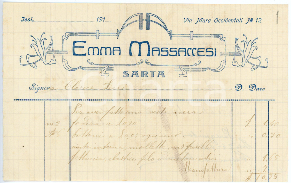 1910 ca JESI (AN) Emma MASSACCESI sarta - Fattura per veste - Carta intestata Fattura commerciale d'epoca, manoscritta, su carta intestata.Jesi - via Mura Occidentali 12CONDIZIONI: F (piegature d'epoca; lievi macchie).PAGINE: 1    originale e autentica 1