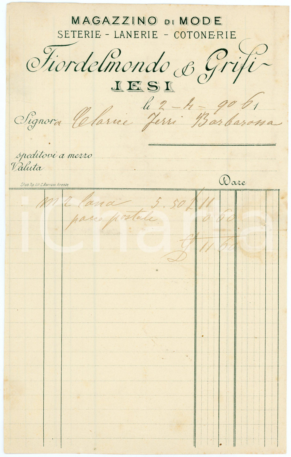 1906 JESI (AN) FIORDELMONDO & GRIFI - Magazzino di mode *Fattura carta intestata Fattura commerciale d'epoca, manoscritta, su carta intestata.CONDIZIONI: P (piegature d'epoca; lievi macchie e strappo di 2 cm al lato destro).PAGINE: 1    originale e autentica 1