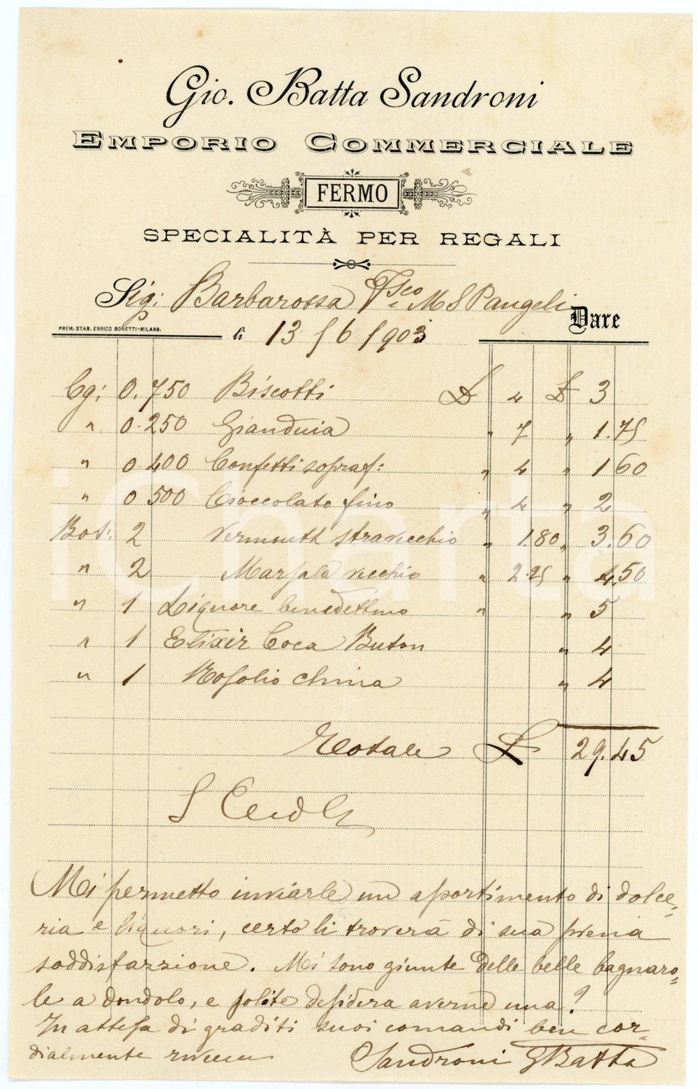 1903 FERMO Gio. Batta SANDRONI Emporio Commerciale - Regali - Fattura Fattura commerciale d'epoca, manoscritta, su carta intestata.CONDIZIONI: F (piegature d'epoca).PAGINE: 1    originale e autentica 1