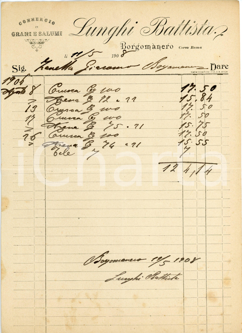 1908 BORGOMANERO - LUNGHI Battista - Grani e salumi - Fattura carta intestata Fattura commerciale d'epoca, manoscritta, su carta intestata.CONDIZIONI: F (piegature d'epoca; ingiallimenti al lato inferiore).PAGINE: 1    originale e autentica 1