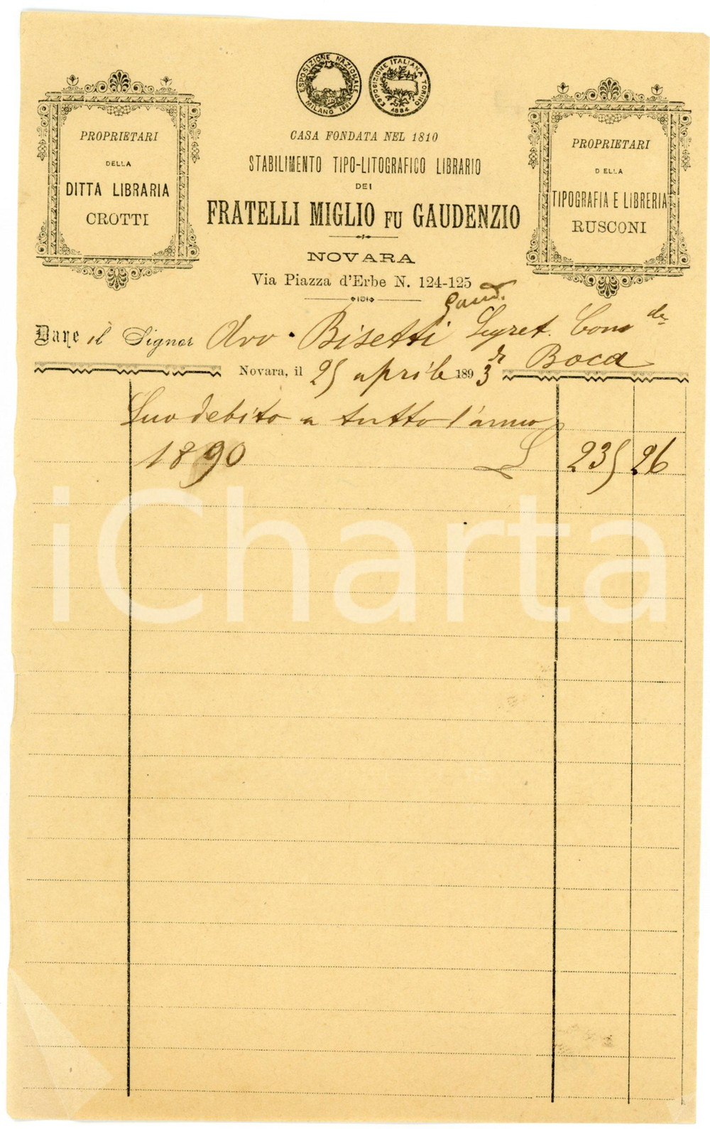 1893 NOVARA Fratelli MIGLIO fu Gaudenzio- Stabilimento tipografico - Fattura Fattura commerciale d'epoca, manoscritta, su carta intestata.Novara - via Piazza d'Erbe 124-125.CONDIZIONI: F (piegature d'epoca, minimi fori al lato superiore).PAGINE: 1    originale e autentica 1