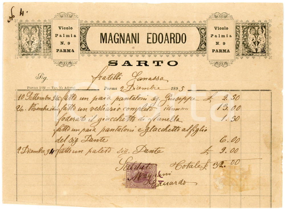 1895 PARMA - MAGNANI Edoardo - Sarto - Fattura intestata Fattura commerciale d'epoca, manoscritta, su carta intestata.Marca da bollo.Parma - vicolo Palmia 9CONDIZIONI: F (piegature d'epoca, residui di colla).PAGINE: 1    originale e autentica 1