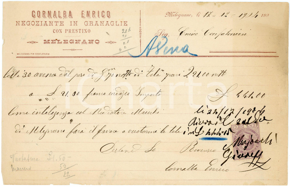 1904 MELEGNANO (MI) CORNALBA Enrico - Negoziante granaglie - Fattura intestata Fattura commerciale d'epoca, manoscritta, su carta intestata.CONDIZIONI: F (piegature d'epoca, piccoli fori).PAGINE: 1    originale e autentica 1