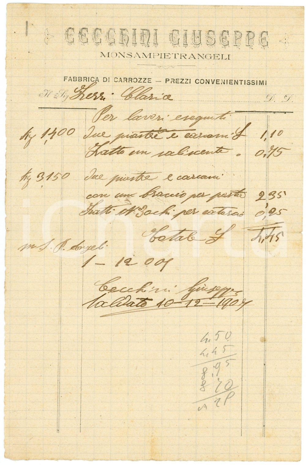 1901 MONTE SAN PIETRANGELI (FM) CECCHINI Giuseppe - Fabbrica carrozze - Fattura Fattura commerciale d'epoca, manoscritta, su carta intestata.CONDIZIONI: F (piegature d'epoca).PAGINE: 1    originale e autentica 1