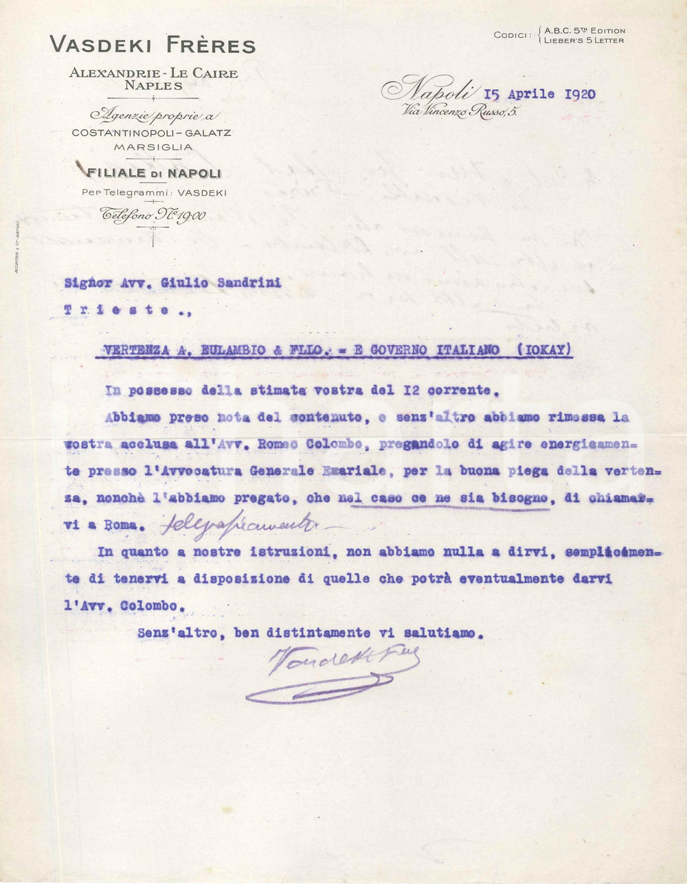 1920 NAPOLI - VASDEKI Frères  - Agenzie - Lettera commerciale Lettera commerciale d'epoca, dattiloscritta, su carta intestata.Napoli - via Vincenzo Russo 5CONDIZIONI: F (piegature d'epoca).PAGINE: 1    originale e autentica 1