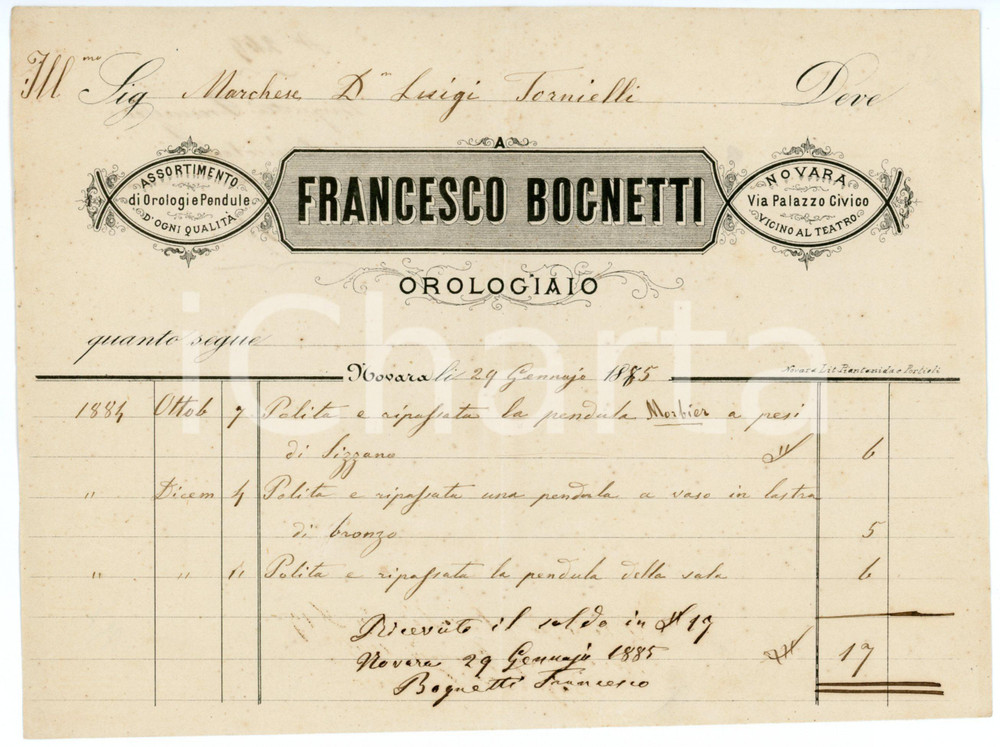 1885 NOVARA - Francesco BOGNETTI orologiaio - Fattura su carta intestata Fattura commerciale d'epoca, manoscritta, su carta intestata.Novara - via Palazzo CivicoCONDIZIONI: G (lievi piegature d'epoca).PAGINE: 1    originale e autentica 1