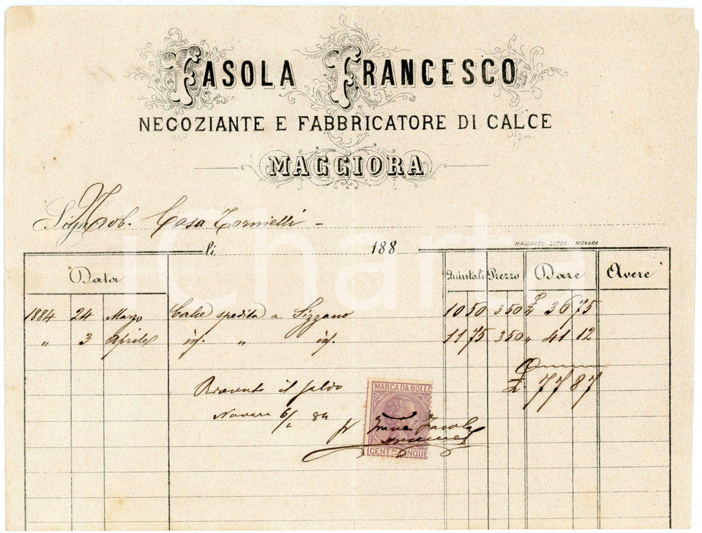 1884 MAGGIORA (NO) FASOLA Francesco - Negoziante calce - Fattura carta intestata Fattura commerciale d'epoca, manoscritta, su carta intestata.Marca da bollo.CONDIZIONI: F (piegature d'epoca; piccoli fori marginali).PAGINE: 1    originale e autentica 1