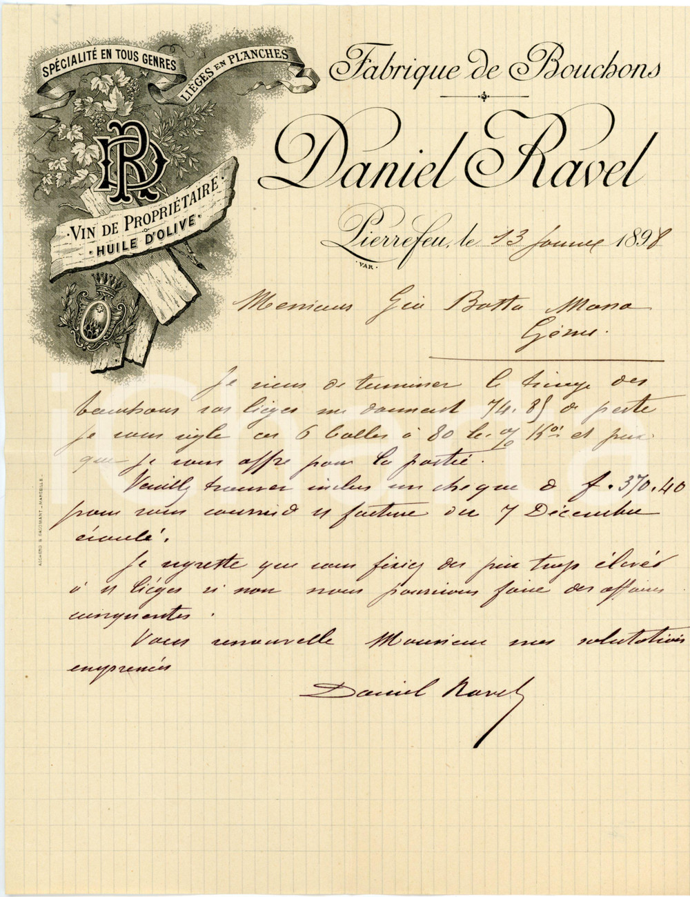 1898 PIERREFEU-DU-VAR (FRANCE) Daniel RAVEL - Fabrique bouchons - Lettre entête Lettera commerciale d'epoca, manoscritta, su carta intestata.CONDIZIONI: F (piegature d'epoca).PAGINE: 1    originale e autentica 1