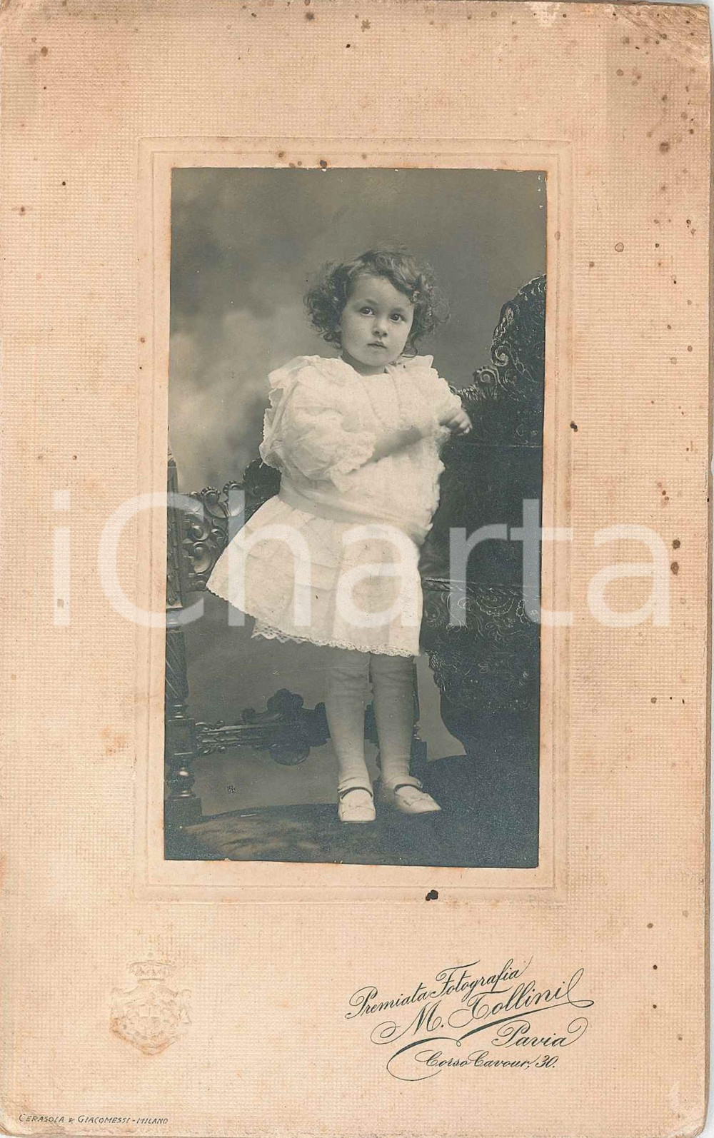 1900 ca PAVIA Ritratto di bambina in abito bianco - Foto M. TOLLINI 11x17 cm Fotografia d'epoca, montata su cartoncino rigido.FOTOGRAFO: M. Tollini - Pavia, corso Cavour 30CONDIZIONI: P (fioriture; sbrecciature angolari)FORMATO: 11x17 cm    originale e autentica 1