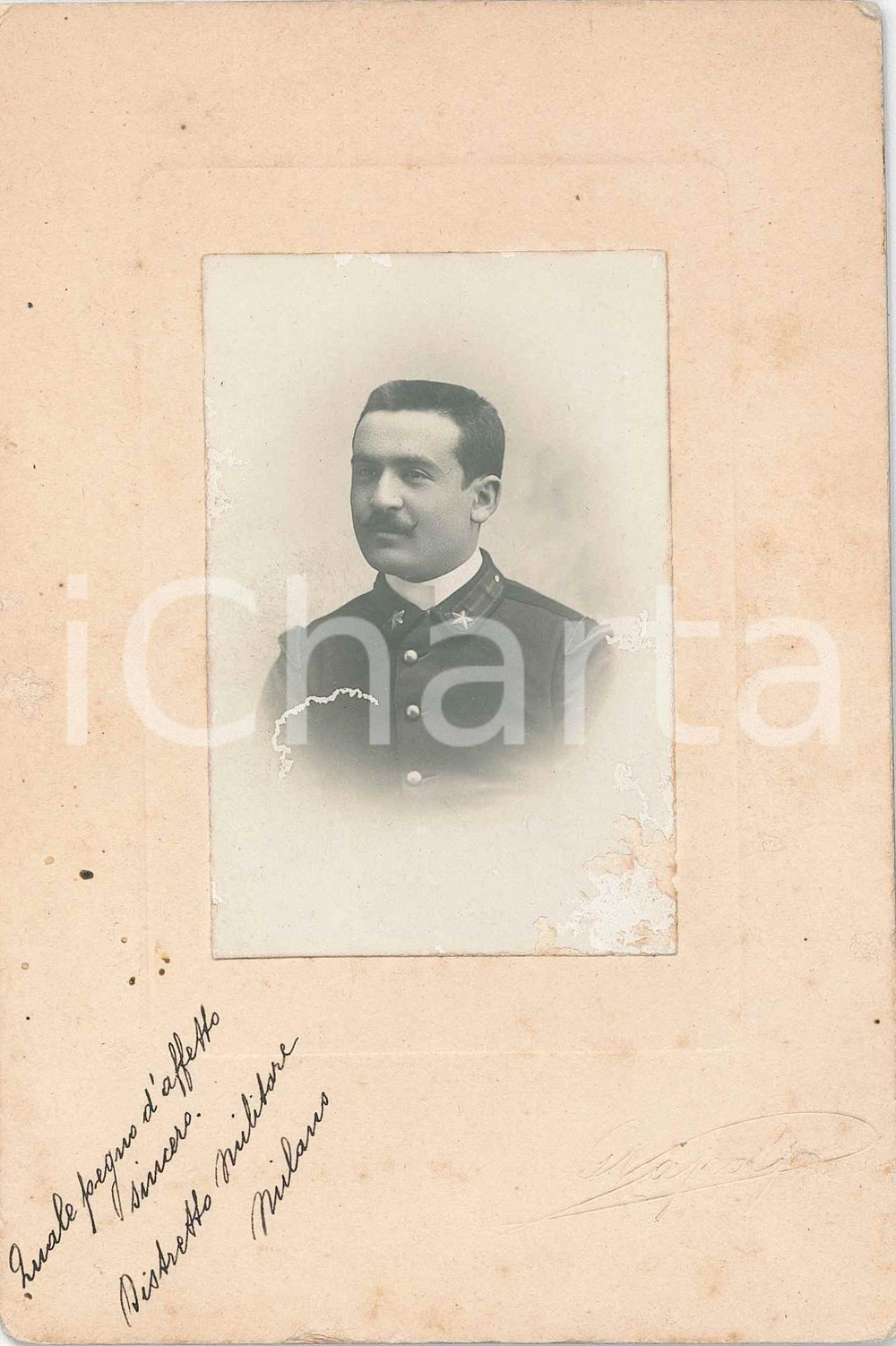 1890 ca MILANO REGIO ESERCITO Ritratto di ufficiale -  Foto G. NAPOLI 11x16 cm Fotografia d'epoca, montata su cartoncino rigido, con dedica manoscritta.FOTOGRAFO: G. NapoliCONDIZIONI: P (abrasioni) FORMATO: 11x16 cm    originale e autentica 1
