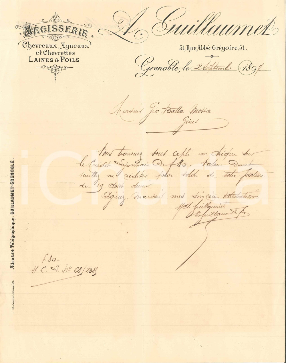 1897 GRENOBLE (F) A. GUILLAUMET Mégisserie, laine et poils - Lettre entête Lettera commerciale d'epoca, manoscritta, su carta intestata. Grenoble - 51, rue Abb&eacute; GregoireCONDIZIONI: F (piegature d'epoca e lieve ingiallimento)PAGINE: 1    originale e autentica 1
