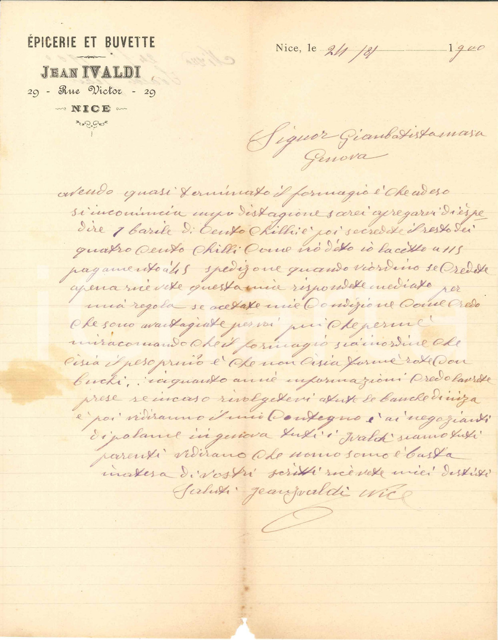 1900 NICE - Jean IVALDI rue Victor 29 - Épicerie et buvette - Lettre Lettera commerciale d'epoca, manoscritta, su carta intestata.CONDIZIONI: VP (piegature d'epoca, mancanza al lato inferiore, taglio di circa 1 cm lungo la linea di piegatura al lato inferiore, macchia al lato sinistro)PAGINE: 1    originale e autentica 1
