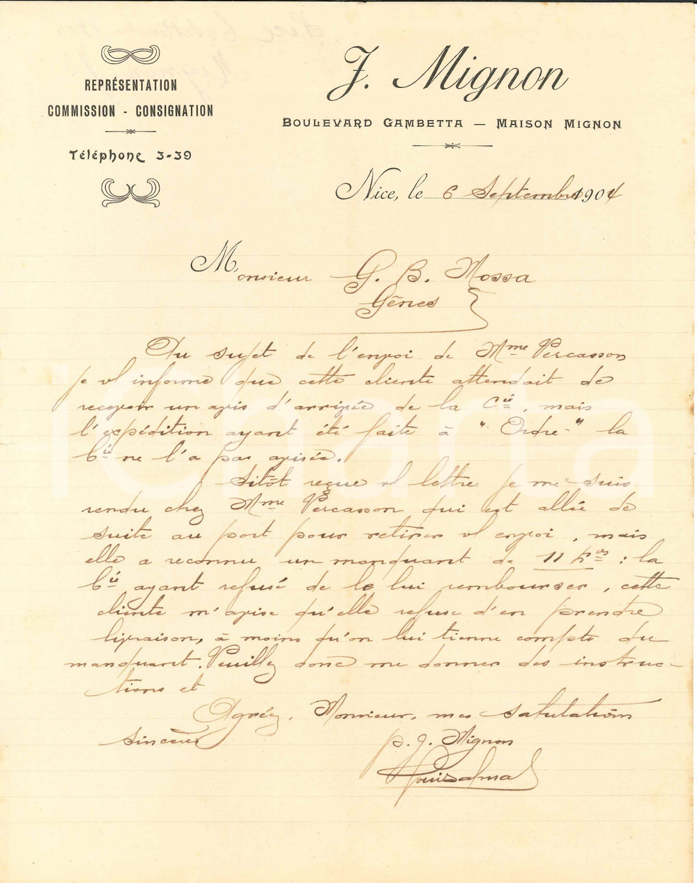 1904 NICE (FRANCE) F. MIGNON Représentatiom - Commission - Lettre entête Lettera commerciale d'epoca, manoscritta, su carta intestata.Nice - bd GambettaCONDIZIONI: F (piegature d'epoca).PAGINE: 1    originale e autentica 1