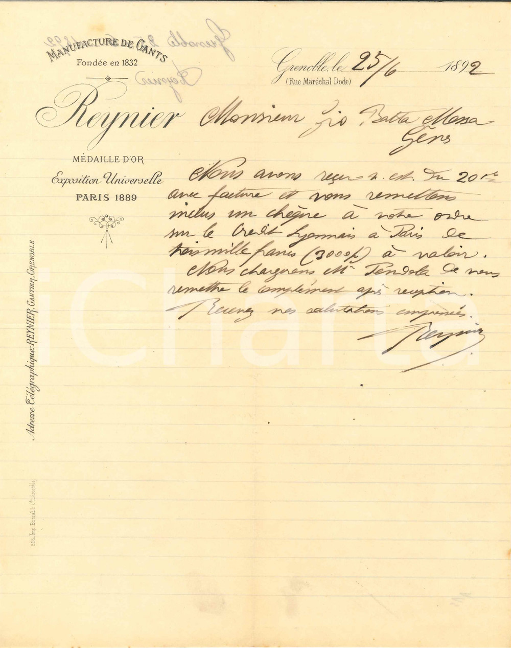 1892 GRENOBLE (FRANCE) Manifacture de gants REYNIER - Lettre entête Lettera commerciale d'epoca, manoscritta, su carta intestata.Grenoble - rue Mar&eacute;chal DodeCONDIZIONI: F (piegature d'epoca).PAGINE: 1    originale e autentica 1