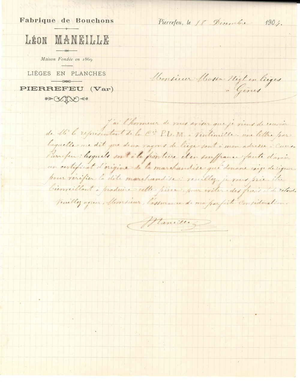 1904 PIERREFEU (FRANCE) Léon MANELLE - Fabrique de bouchons - Lettre entête Lettera commerciale d'epoca, manoscritta, su carta intestata.CONDIZIONI: F (piegature d'epoca; minime mancanze marginali).PAGINE: 1    originale e autentica 1