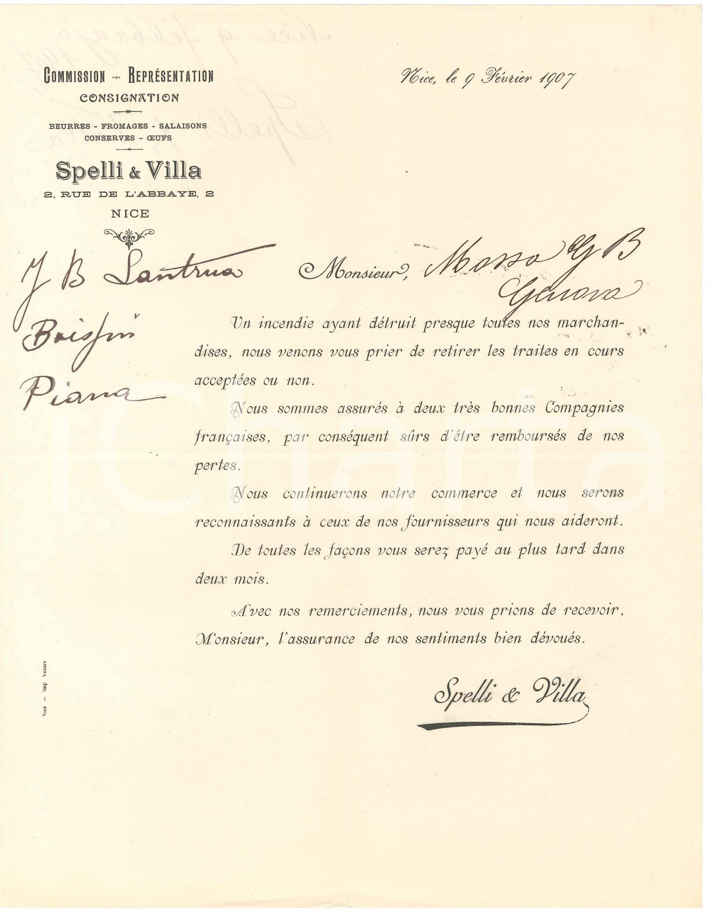 1907 NICE (FRANCE9- Lettre SPELLI & VILLA après l'incendie du magasin Lettera a stampa, su carta intestata.Nice - 2, rue de l'AbbayeCONDIZIONI: F (piegature d'epoca).PAGINE: 1    originale e autentica 1