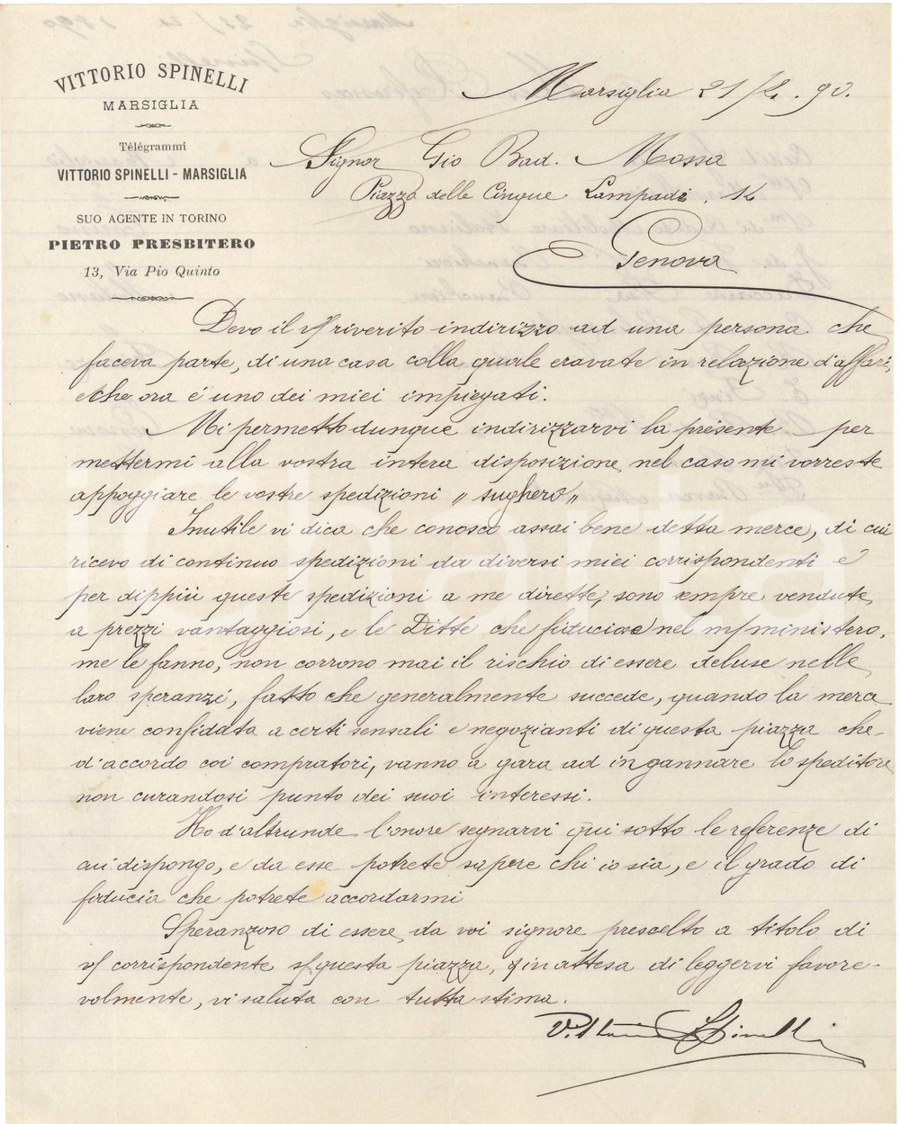 1890 MARSIGLIA - Vittorio SPINELLI -  Venditore sughero - Lettera commerciale Lettera commerciale d'epoca, manoscritta, su carta intestata.CONDIZIONI: F (piegature d'epoca)PAGINE: 1 (2 facciate)    originale e autentica 1