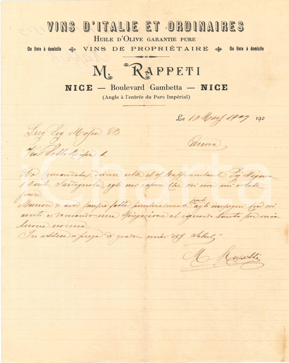 1909 NICE - M. RAPETTI Vins d'Italia et ordinaires - Huile d'olive - Fattura Lettera commerciale d'epoca, manoscritta, su carta intestata.CONDIZIONI: POOR (piegature d'epoca, strappi ai margini)PAGINE: 1    originale e autentica 1