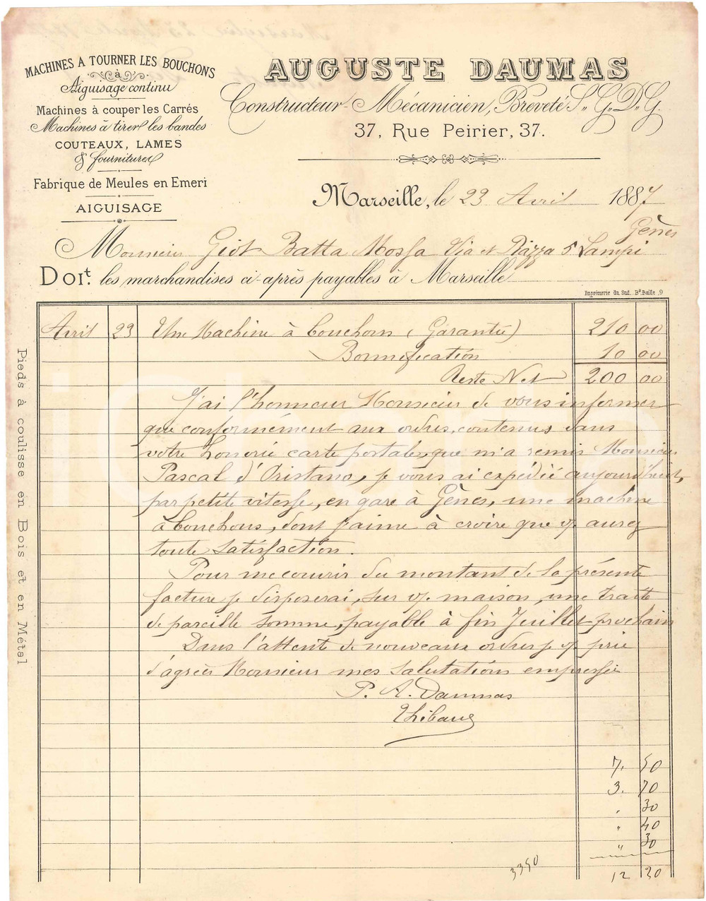1887 MARSEILLE - Auguste DAUMAS - Facture machine à bouchons Fattura manoscritta, su carta intestata.Marseille - 27, rue PeirierCONDIZIONI: F (piegature d'epoca).PAGINE: 1    originale e autentica 1