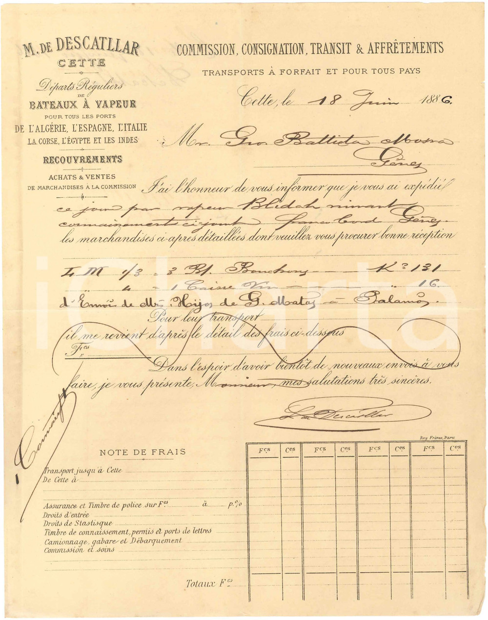 1886 SÈTE (F) M. de DESCATLLAR - Note expédition marchandises vapeur Blidah Nota di spedizione via mare, su carta intestata.CONDIZIONI: F (piegature d'epoca).PAGINE: 1    originale e autentica 1