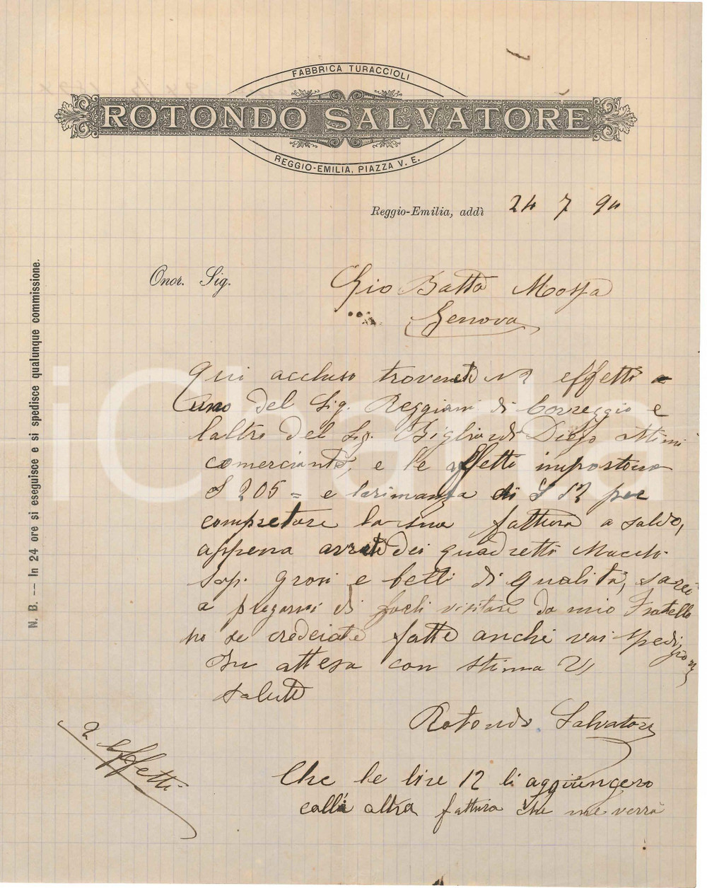 1894 REGGIO EMILIA Salvatore ROTONDO Fabbrica turaccioli *Lettera commerciale Lettera commerciale d'epoca, manoscritta, su carta intestata.CONDIZIONI: FAIR (piegature d'epoca)PAGINE: 1    originale e autentica 1