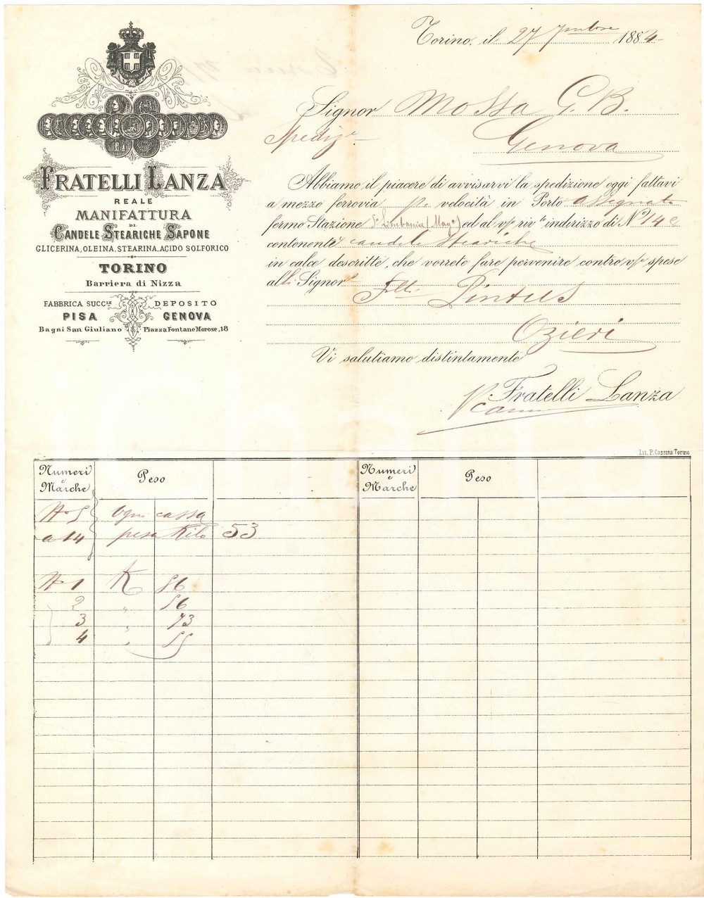 1884 TORINO Fratelli LANZA Manifattura di candele steariche, sapone - Fattura Fattura commerciale d'epoca, manoscritta, su carta intestata illustrata.CONDIZIONI: FAIR (piegature d'epoca, bruniture diffuse)PAGINE: 1    originale e autentica 1