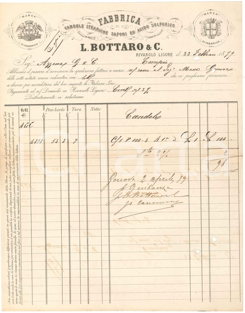 1879 RIVAROLO LIGURE Fabbrica L. BOTTARO Candele steariche e saponi - Fattura Fattura commerciale d'epoca, manoscritta, su carta intestata illustrata.CONDIZIONI: POOR (piegature d'epoca, fori al margine destro)PAGINE: 1    originale e autentica 1
