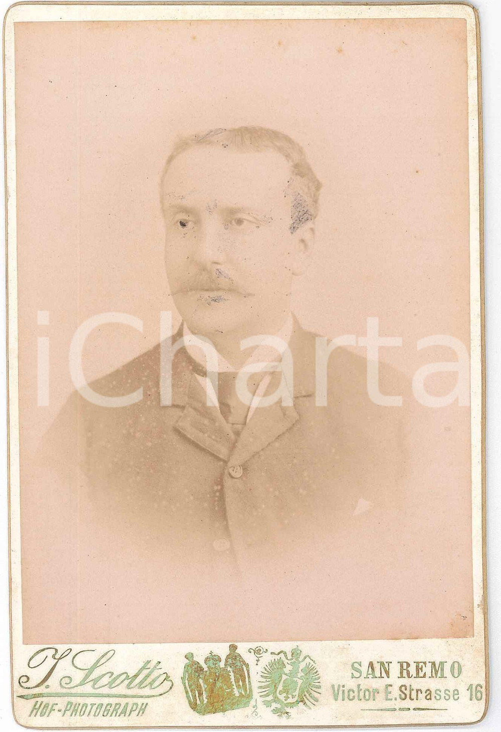 1890 ca SANREMO Ritratto maschile -  Foto Jean SCOTTO 11x16 cm Fotografia d'epoca, montata su cartoncino rigido.FOTOGRAFO: Jean Scotto - SanremoCONDIZIONI: F (macchie)FORMATO: 11x16 cm    originale e autentica 1