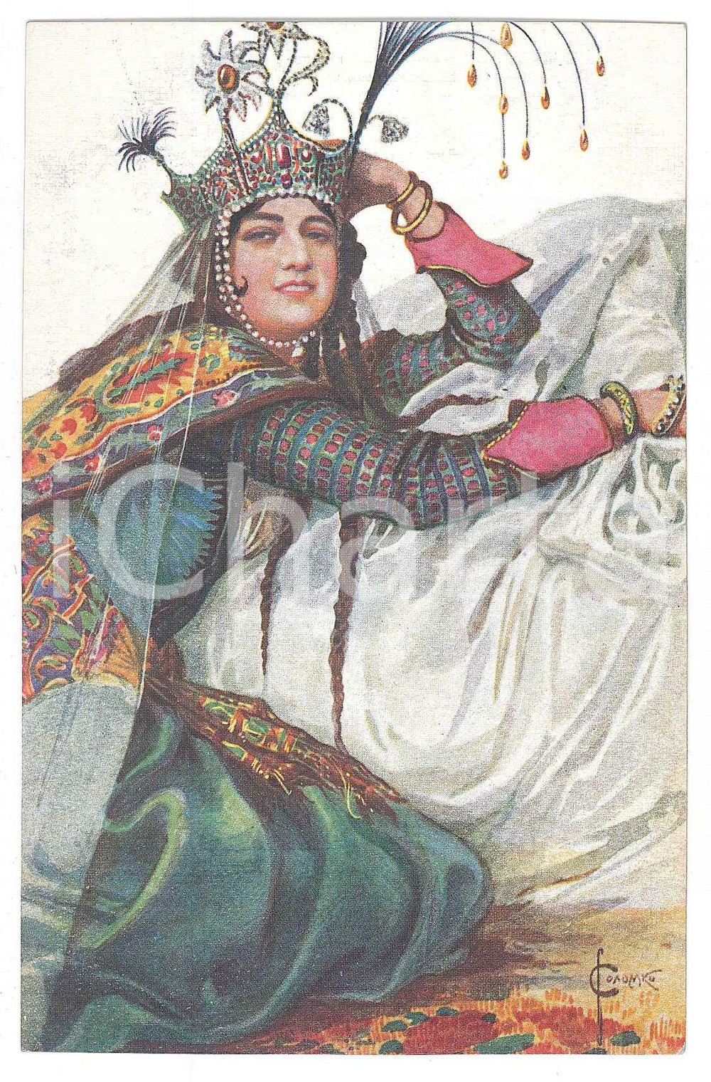 1910 ca RUSSIA Artist Sergey SOLOMKO - Queen Azviakovna of the East - Postcard  Cartolina postale d'epoca, non viaggiata.CONDIZIONI: GFORMATO: FP    originale e autentica 1