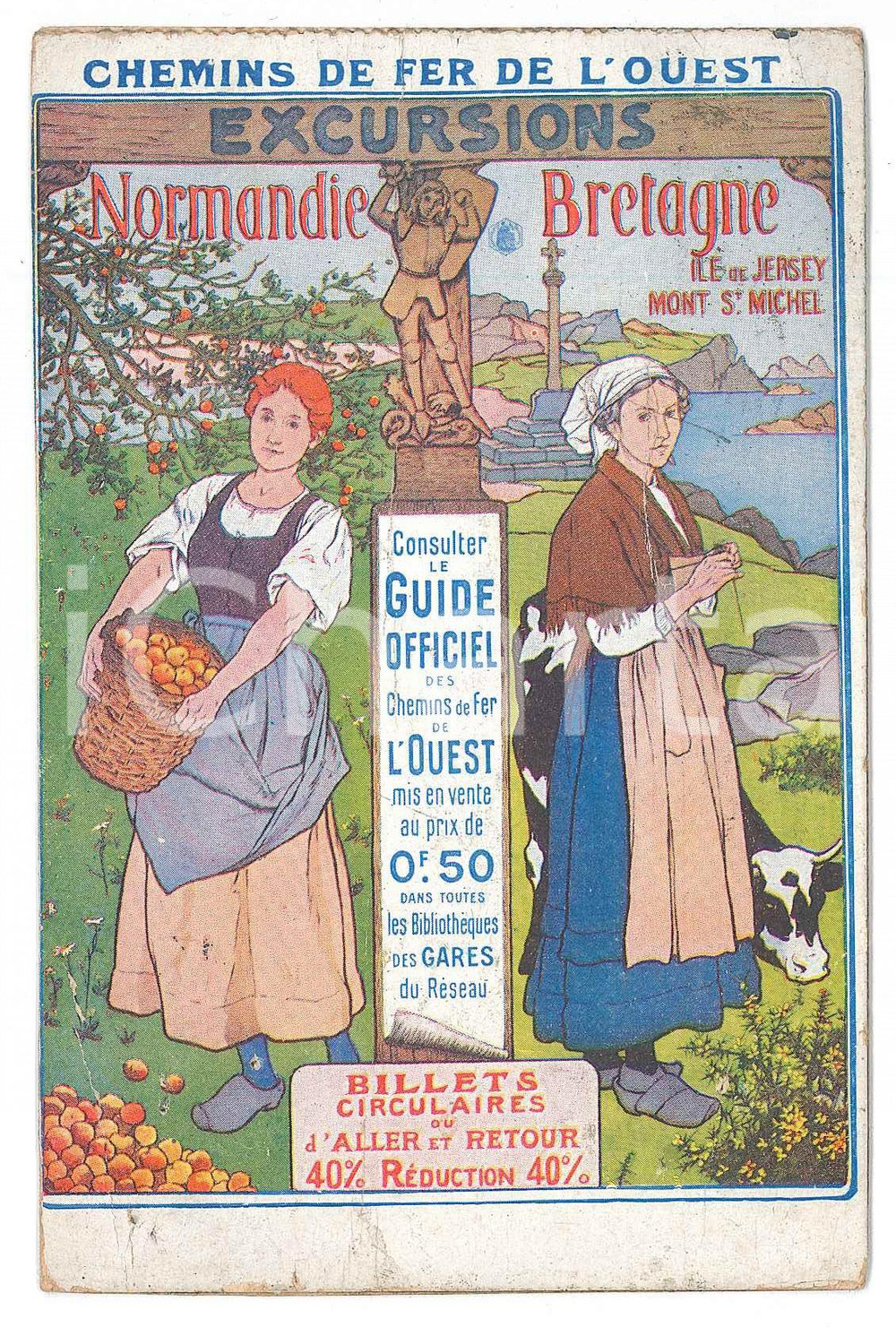 1926 CHEMINS DE FER DE L'OUEST Excursions NORMANDIE - BRETAGNE Carte postale FP  Cartolina postale, viaggiata. FAIR/discreto Lievi smussature agli angoli, gualciture diffuse Formato: FP originale e autentica 1