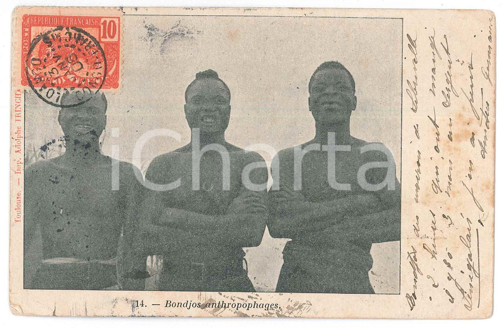 1906 CONGO FRANÇAIS Bondjos anthropophages - Carte postale FP VG  Cartolina postale d'epoca, viaggiata.CONDIZIONI: FAIR (lievi bruniture, smussature e piegature agli angoli)FORMATO: FP    originale e autentica 1