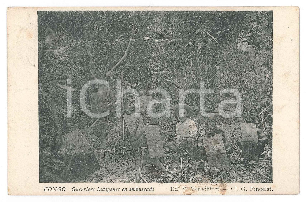 1918 CONGO Guerriers indigènes en embuscade - Carte postale FP VG  Cartolina postale d'epoca, viaggiata.CONDIZIONI: FAIR (lievi bruniture)FORMATO: FP    originale e autentica 1