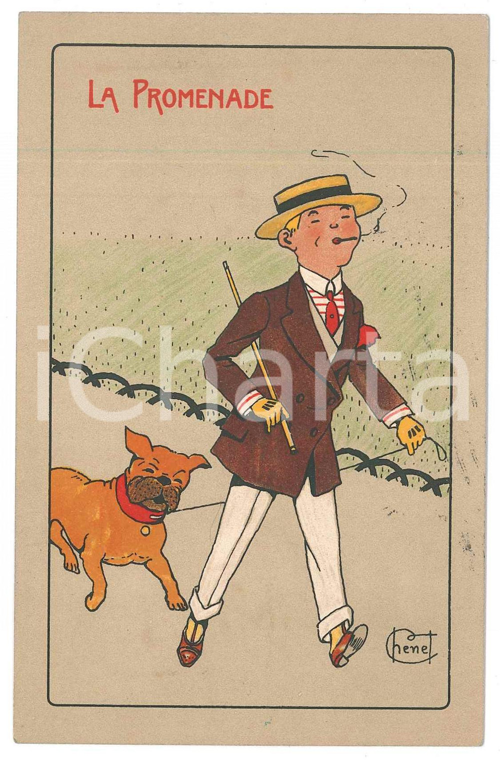 1914 DOGS - Artist CHENET - La promenade - Man with his dog *Postcard  Cartolina postale d'epoca, viaggiata.CONDIZIONI: GFORMATO: FP    originale e autentica 1