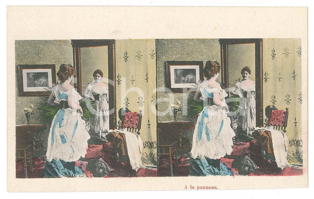 1900 ca BELGIQUE A la panneau - Woman in the mirror - Stereo Postcard  Cartolina postale d'epoca, illustrata, non viaggiata.CONDIZIONI: GFORMATO: FP    originale e autentica 1