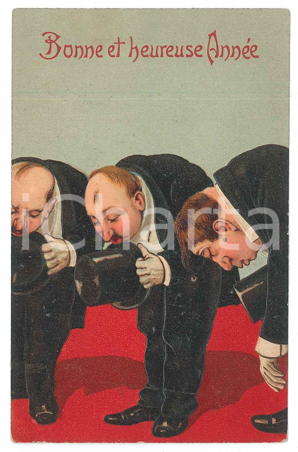 1910 ca BONNE ANNEE People bowing - Embossed old postcard  Cartolina postale d'epoca, a rilievo, scritta ma non viaggiata.CONDIZIONI: F (minime smussature angolari e lievi ingiallimenti al verso)FORMATO: FP    originale e autentica 1