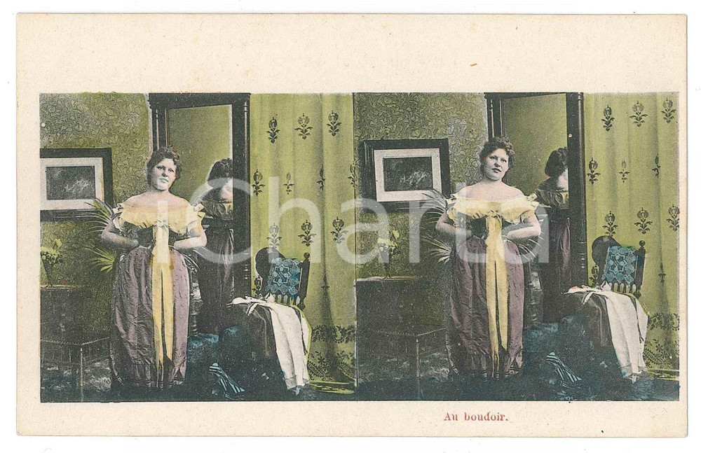 1900 ca BELGIQUE Au boudoir - Woman in the mirror - Stereo Postcard  Cartolina postale d'epoca, illustrata, non viaggiata.CONDIZIONI: GFORMATO: FP    originale e autentica 1