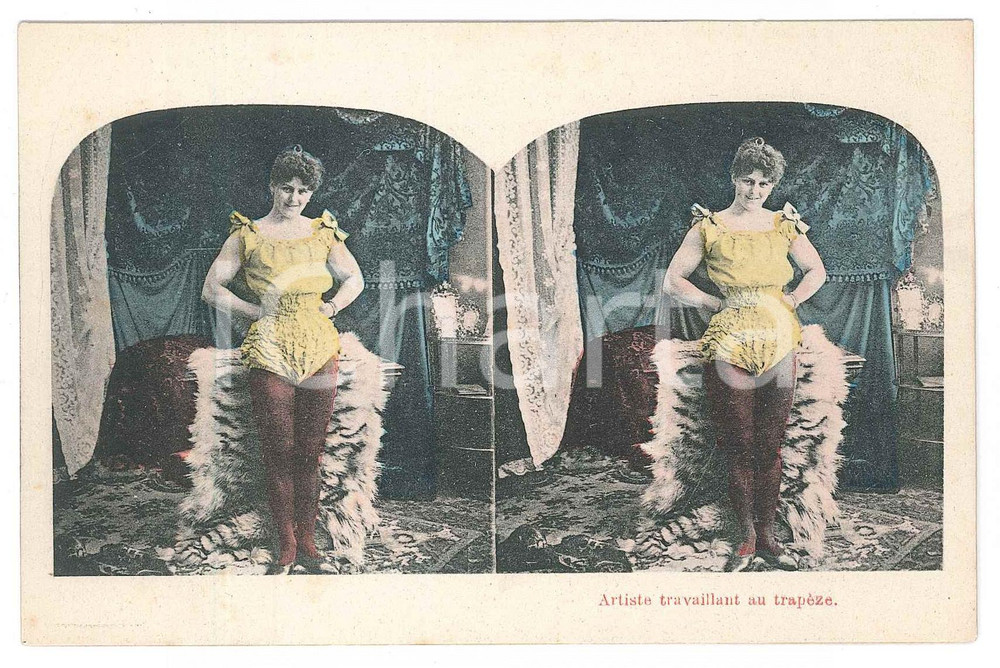 Cartolina originale da collezione 1900 ca BELGIQUE  CIRQUE  Artiste travaillant au trapèze RARE Stereo Postcard 1
