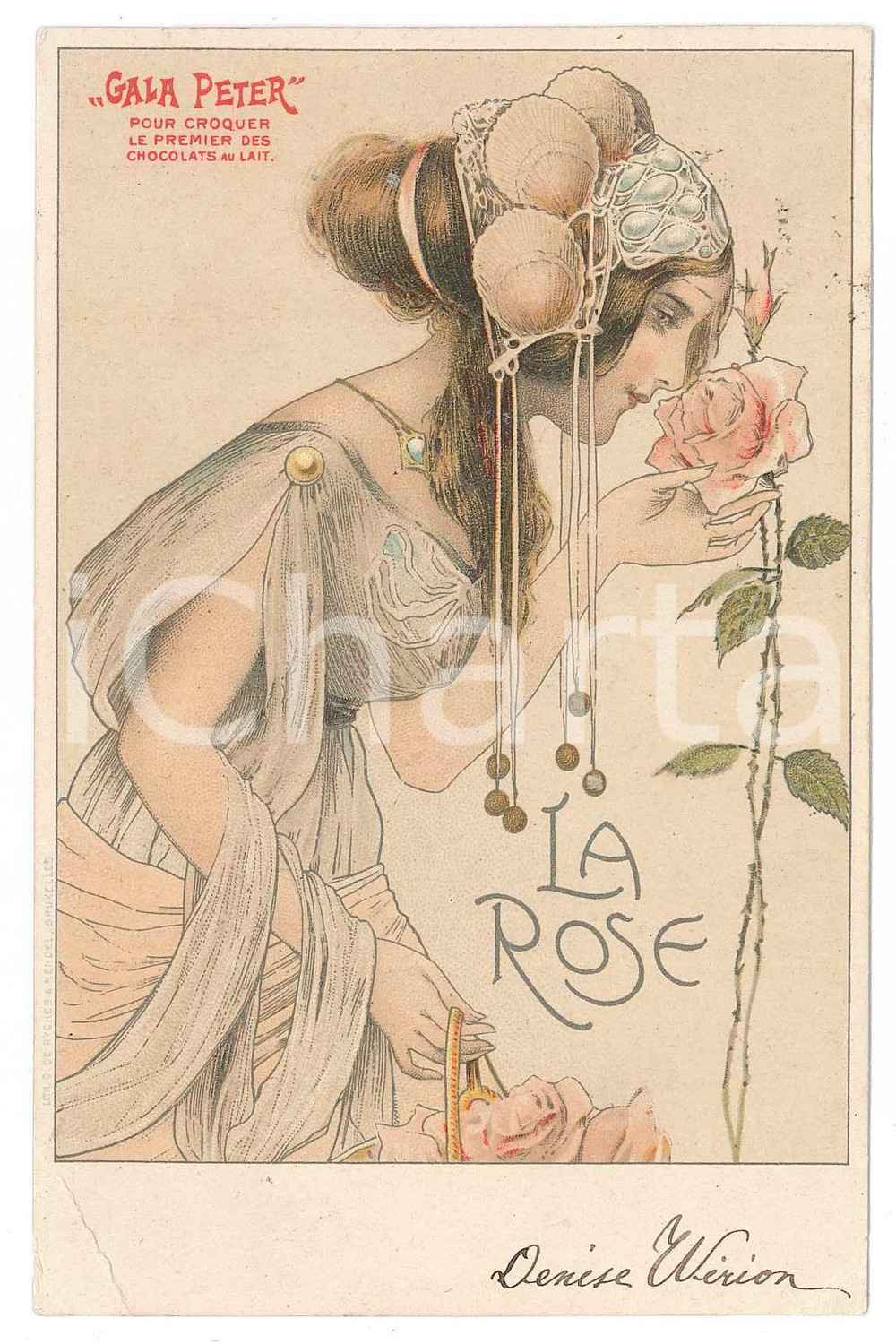 1904 ART NOUVEAU Chocolat GALA PETER - La Rose - Carte Postale  Cartolina postale d'epoca, viaggiata.CONDIZIONI: P (piegature angolari)FORMATO: FP    originale e autentica 1