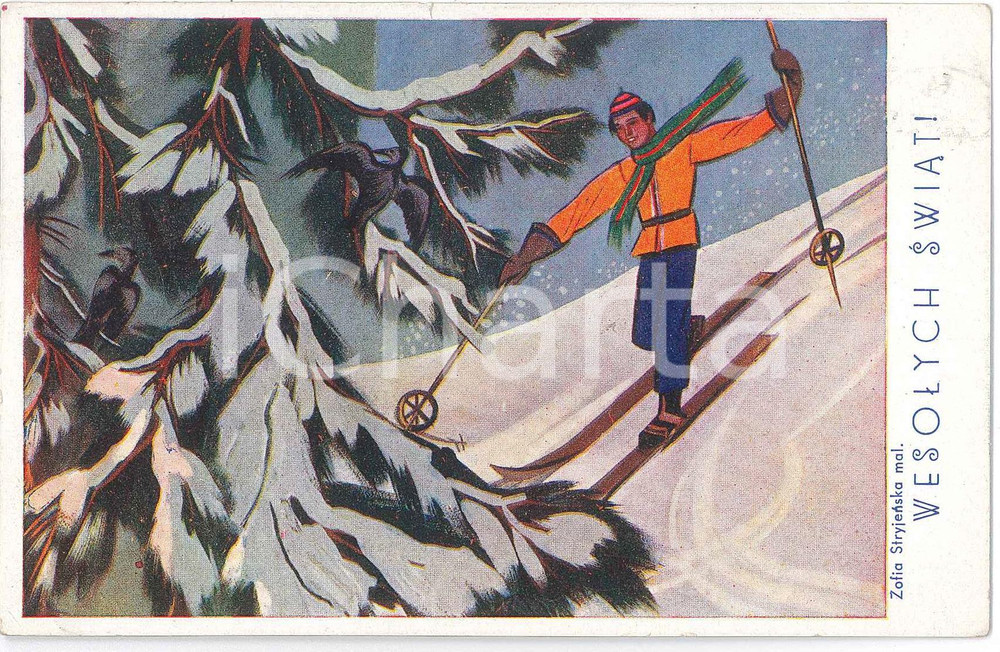 1938 CHRISTMAS POLAND Artist Zofia STRYJENSKA - Wesołych Świąt - SKI Postcard  Cartolina postale d'epoca, viaggiata.CONDIZIONI: GFORMATO: FP    originale e autentica 1