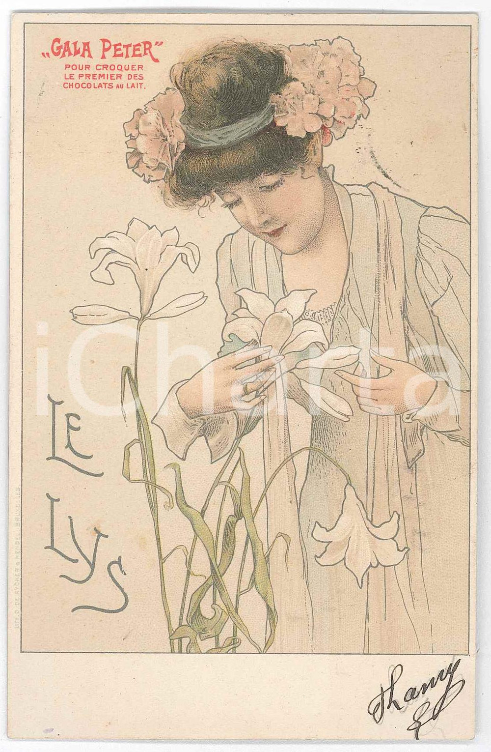 1904 ART NOUVEAU Chocolat GALA PETER - Le Lys - Carte Postale  Cartolina postale d'epoca, viaggiata.CONDIZIONI: GFORMATO: FP    originale e autentica 1